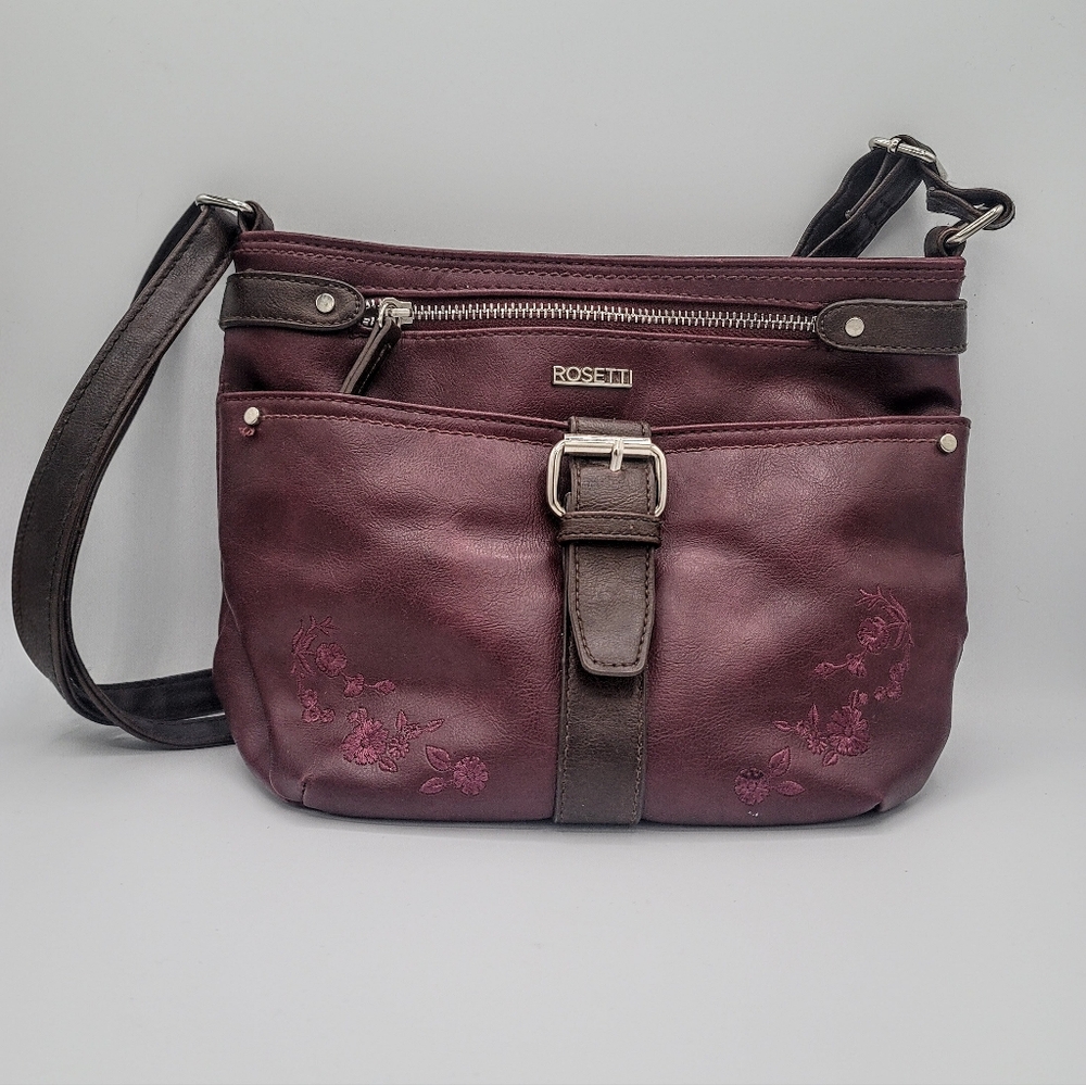 Rosetti Plum Eggplant Crossbody Bag Floral Embroidered Zip Pockets Y2K Vintage